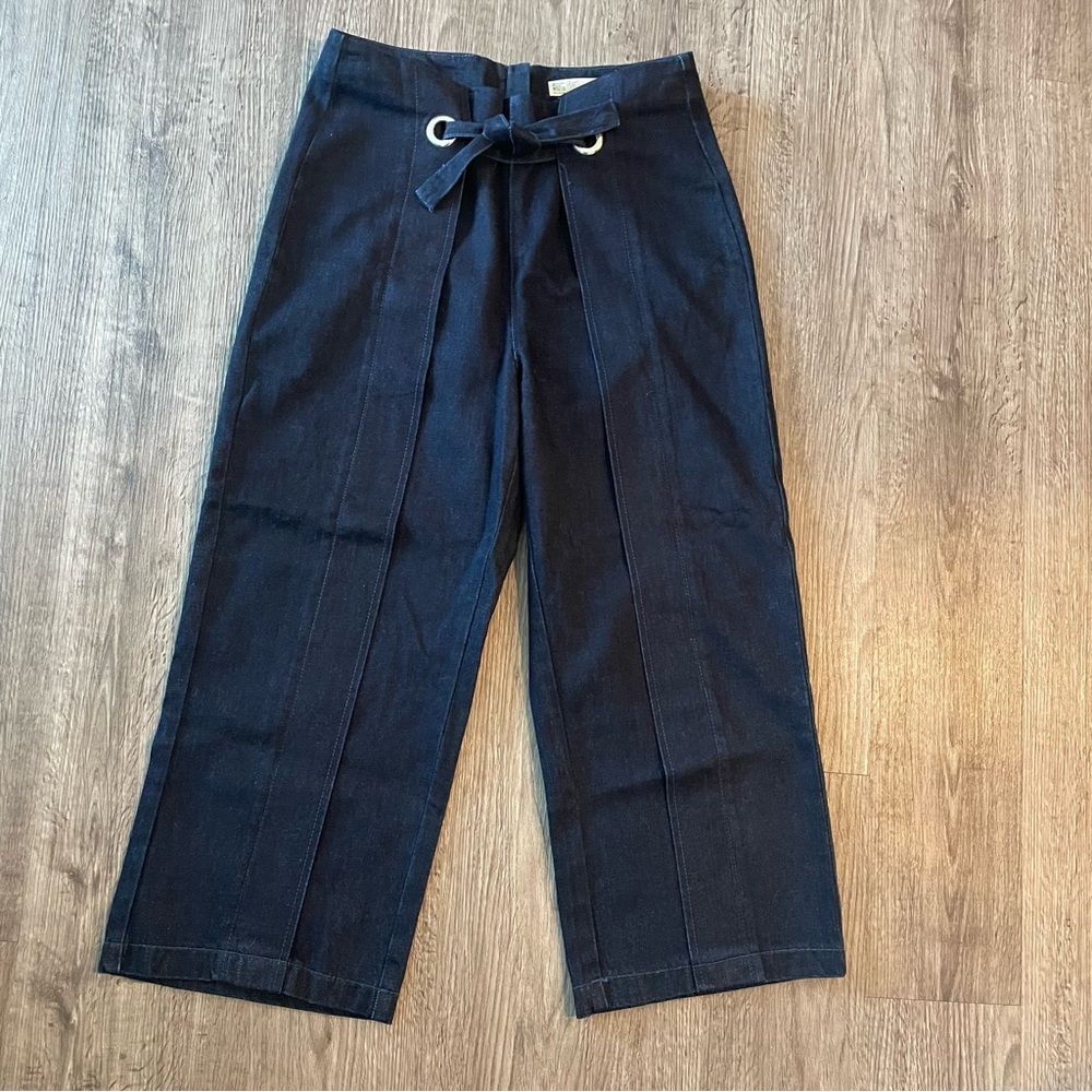 TOPSHOP Dark Wash Wide Leg Cropped High Waisted Jeans Tie Belted Blue Jeans